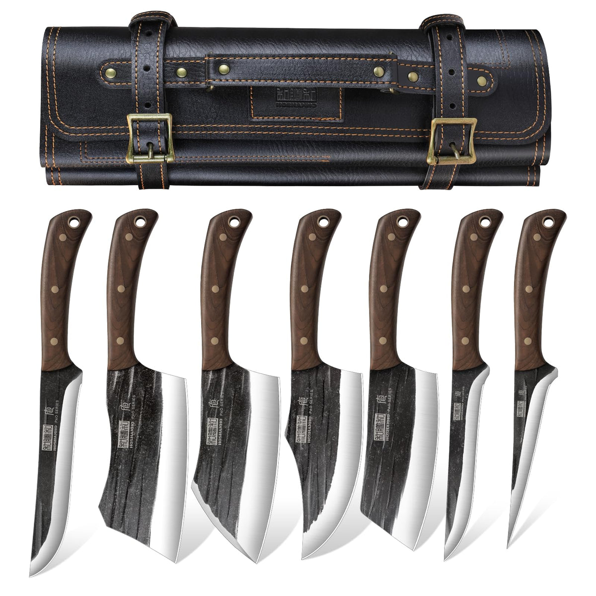 HOSHANHO Butcher Knife Set Hand Forged Butcher Chef Knife Set with Roll Bag Sharp Kitchen Knife Set of Meat Cleaver Knife Bone Chopper Knife Fillet Knife Set for Home & Camping & BBQ Gift for Men