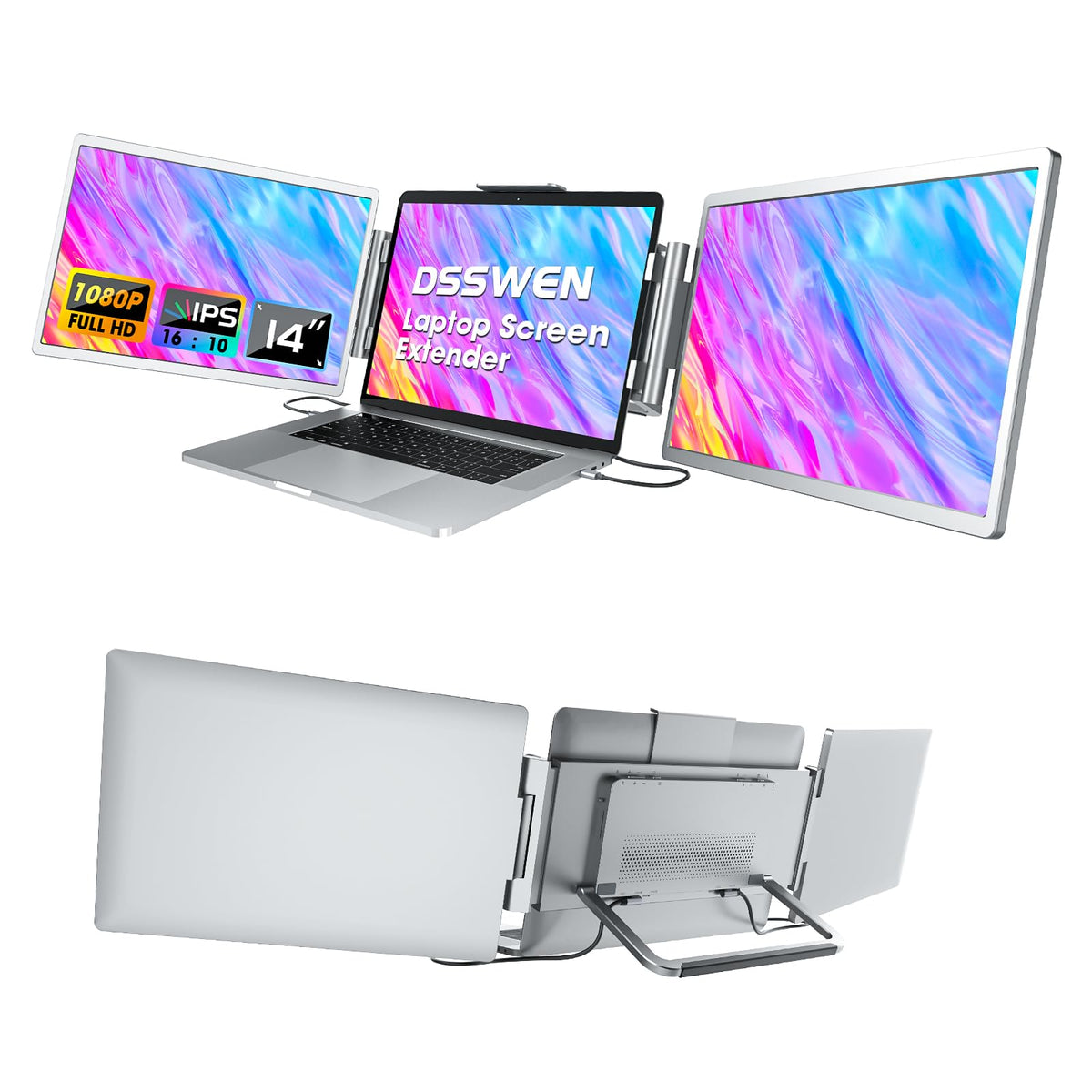 Laptop Screen Extender Monitor Portable: 14" Triple Screen Laptop Monitor Extender 1080P FHD IPS Laptop Monitor Extender with Stand Compatible Plug & Play Laptop Screen Extender for Wins/Mac/Chro