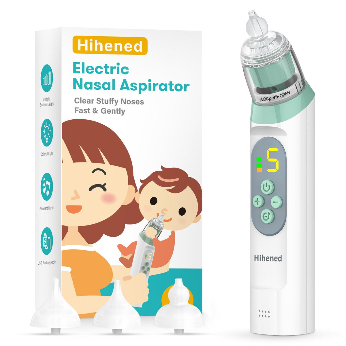 Electric Nasal Aspirator for Baby Nose Aspirator for Toddlers Waterproof Baby Nose Sucker Nose Cleaner with 3 Silicone Tips Adjustable Suction Level Music and Light Soothing FunctionGreen