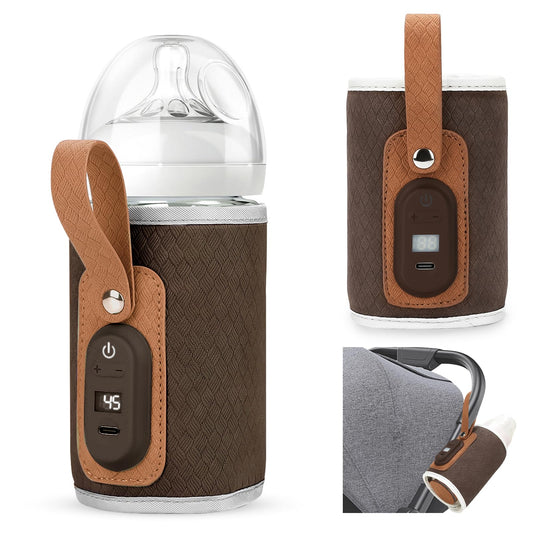 YZNlife Baby Bottle WarmerBaby Bottle Warmer Portable Rechargeable Baby Bottle Warmer to GoTemperature Adjustable Portable Baby Bottle Warmer with LED Display (Brown)